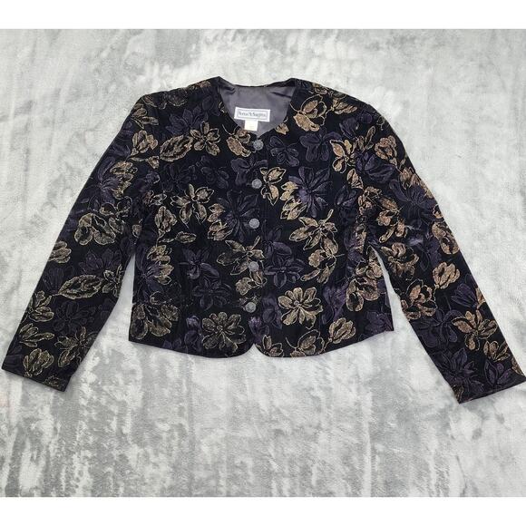 Vintage Norton McNaughton Velvet Collarless Jacket Size 12 Black Gold Glitter - Picture 1 of 6